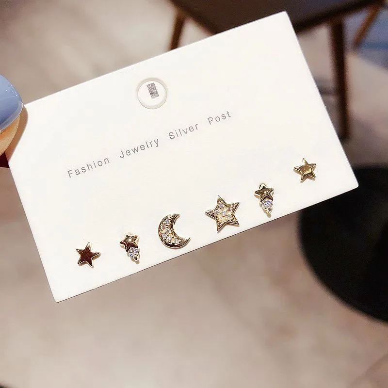 Женские серьги гвоздики с Луной и звездой ANENJERY набор из 6 предметов золотистого