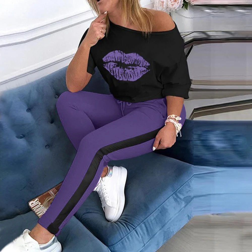 

Oeak Women Boat Anchor Print Tracksuit Sets Lady 2021 Summer Sexy Off Shoulder 2pcs Set Blouse+Elastic Waist Long Pants Sets