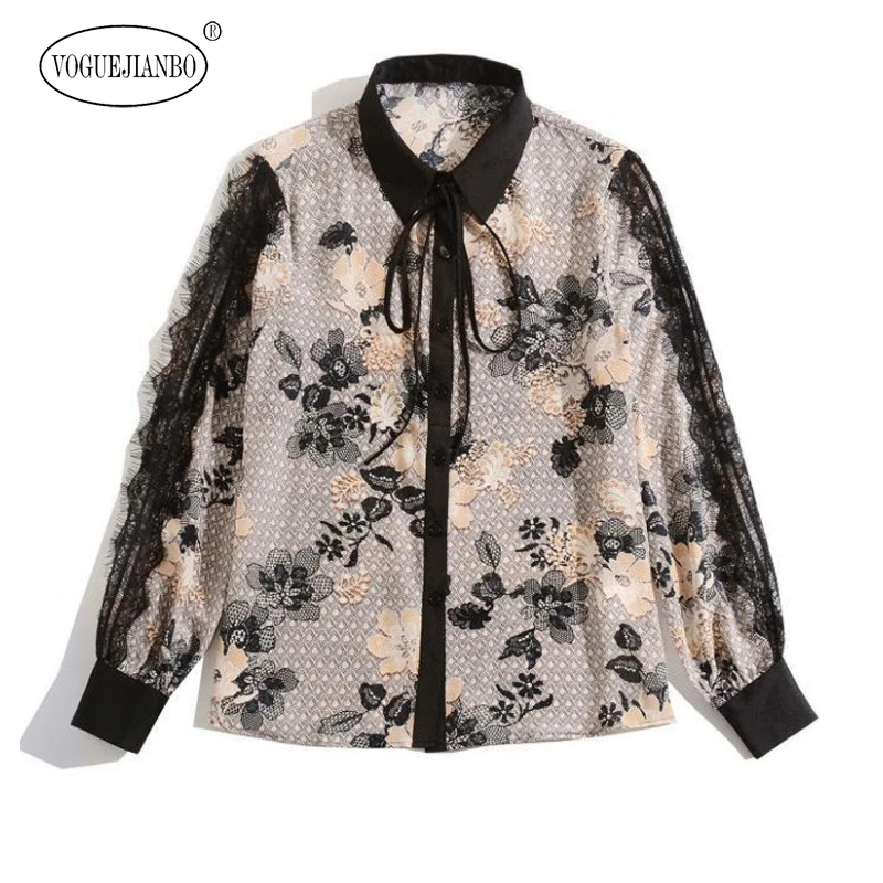 

Polyester silk shirt female 2020 spring and summer new shirt lace contrast stitching silk bow tie top ropa mujer bluzki damskie