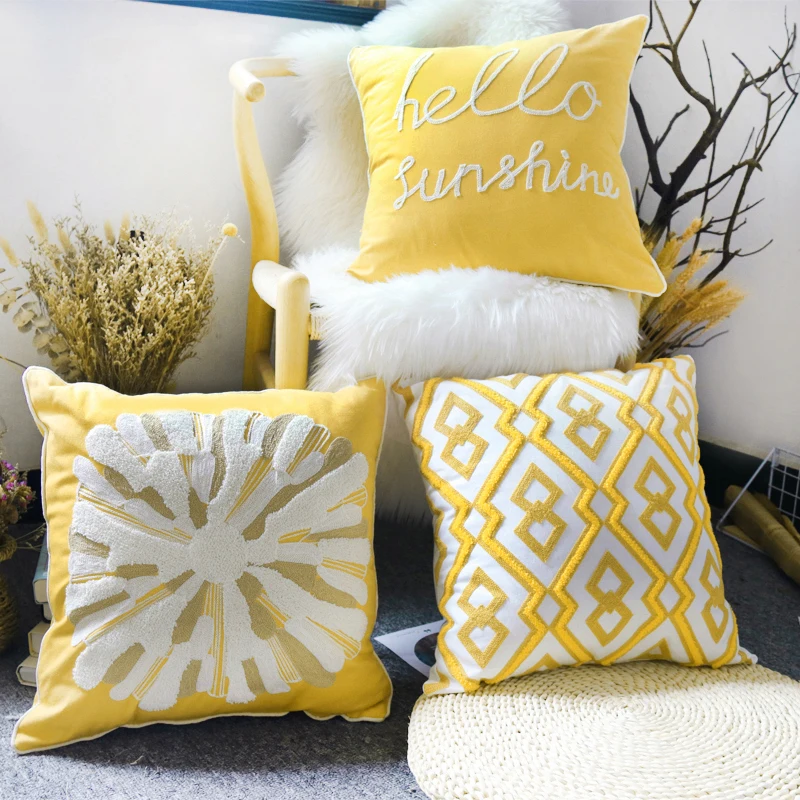 Embroidery Floss Cushion Cover Boho Ethnic Yellow Cotton Soft Throw Pillow Cover Sofa Living Room Pillowcase Home Decor 45x45cm