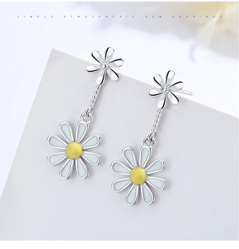 

Fresh Flower Female Earrings Sun Korean Style Mori Style Simple S925 Sterling Silver Epoxy Little Daisy Ear Drops Earrings
