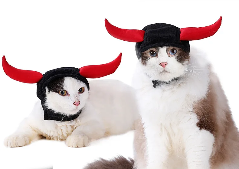 

Christmas Cat Head Wear Hats Halloween Costume Puppy Outfit Props Demon Devil Warm Winter Pet Clothes