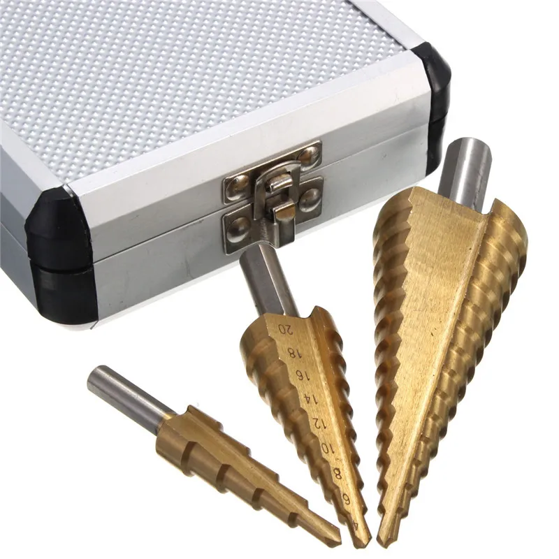 

3pcs HSS Step Drill Pagoda Drill Ladder Drill Round Shank 4-12/4-20/4-32mm HSS Steel Step Sharpening High Quality Tools