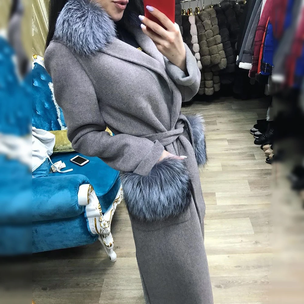 120cm Long Natural Fox Fur Cashmere Coat with Hood Casual Women Winter Fashion Wool Blends Fox Fur Coats Woman Long Fur Overcoat enlarge