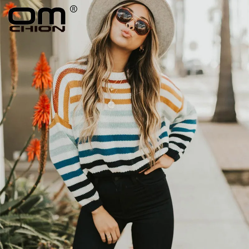 

OMCHION Pull Femme 2021 осень с круглым вырезом в радужную полоску свитер в Корейском стиле для женщин, повседневный вязаный свитер пуловер шикарные з...
