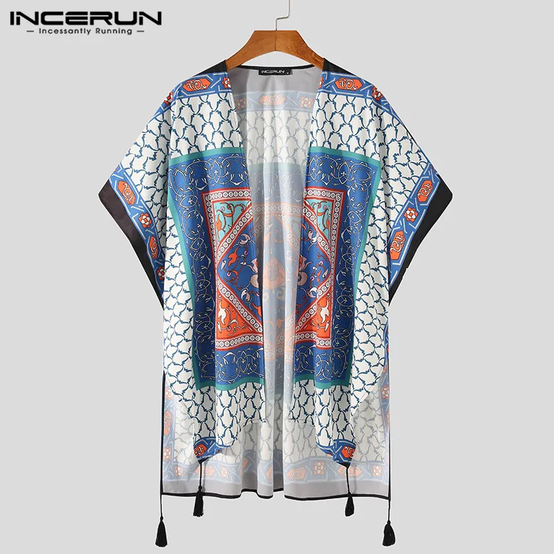 

Men Hawaiian Shirt Printed Cardigan Short Sleeve Ethnic Streetwear Open Stitch Tops Breathable Summer Cloak Shirts Men INCERUN 7