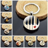 musical instrument piano guitar clarinet flute music double face glass cabochon keychain music note metal keyring christmas gift