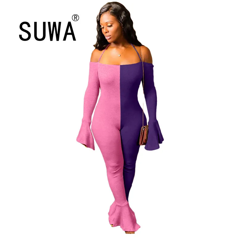 

Contrast Patchwork Slash Collar Flare Sleeve Bodycon Party Jumpsuit For Women Fall Winter Wholesale Clothing