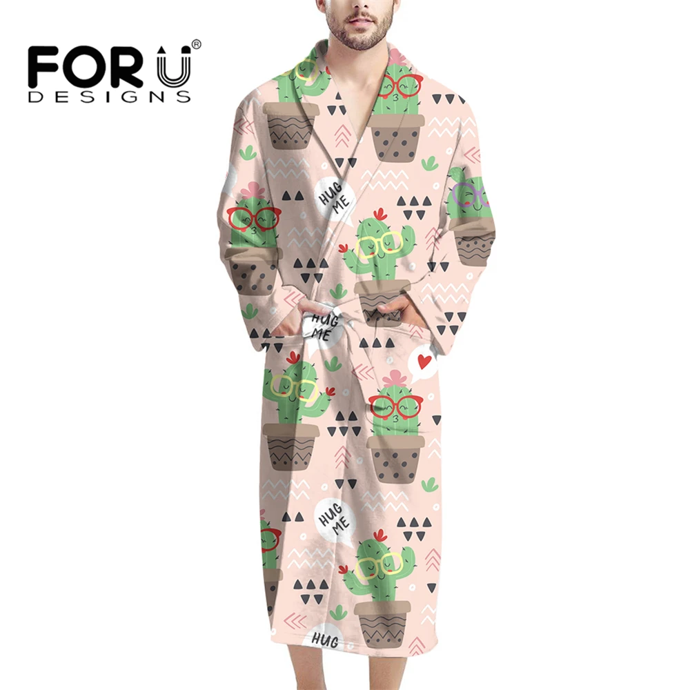 

FORUDESIGNS Pink Cartoon Plant Cactus Oversized Kimono For Male Fleece Robe Plush Collar Shawl Yukata Bathrobe Gown Sleepwear