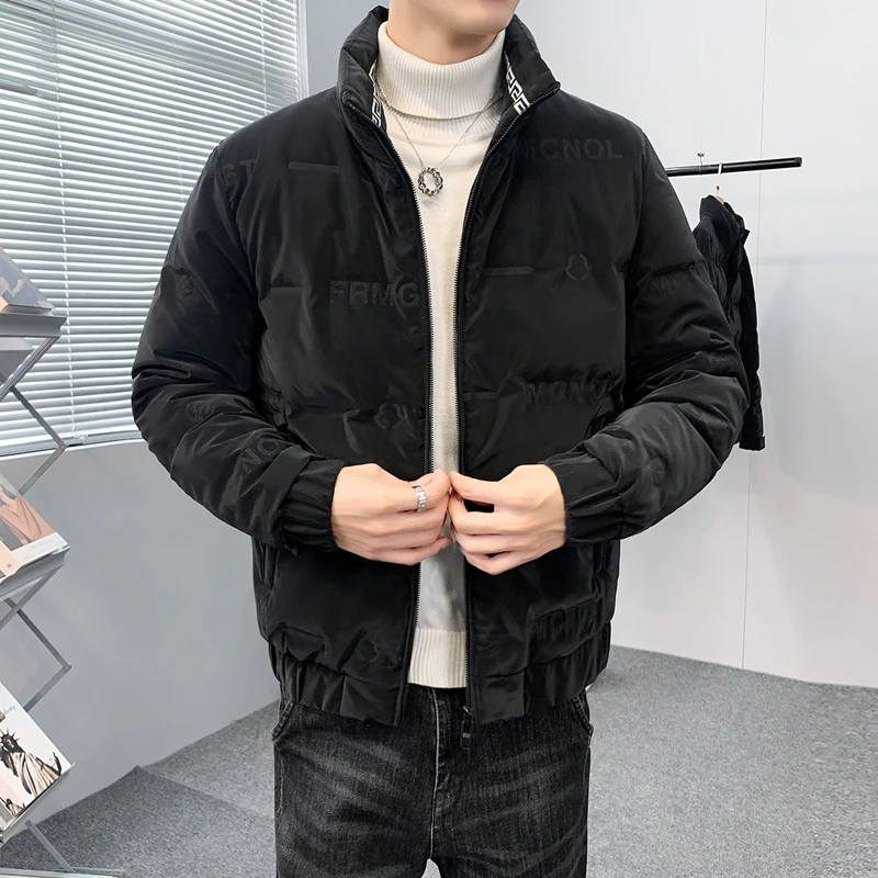 2021 winter new run down jacket men's short stand collar letter embossed warm and windproof casual coat