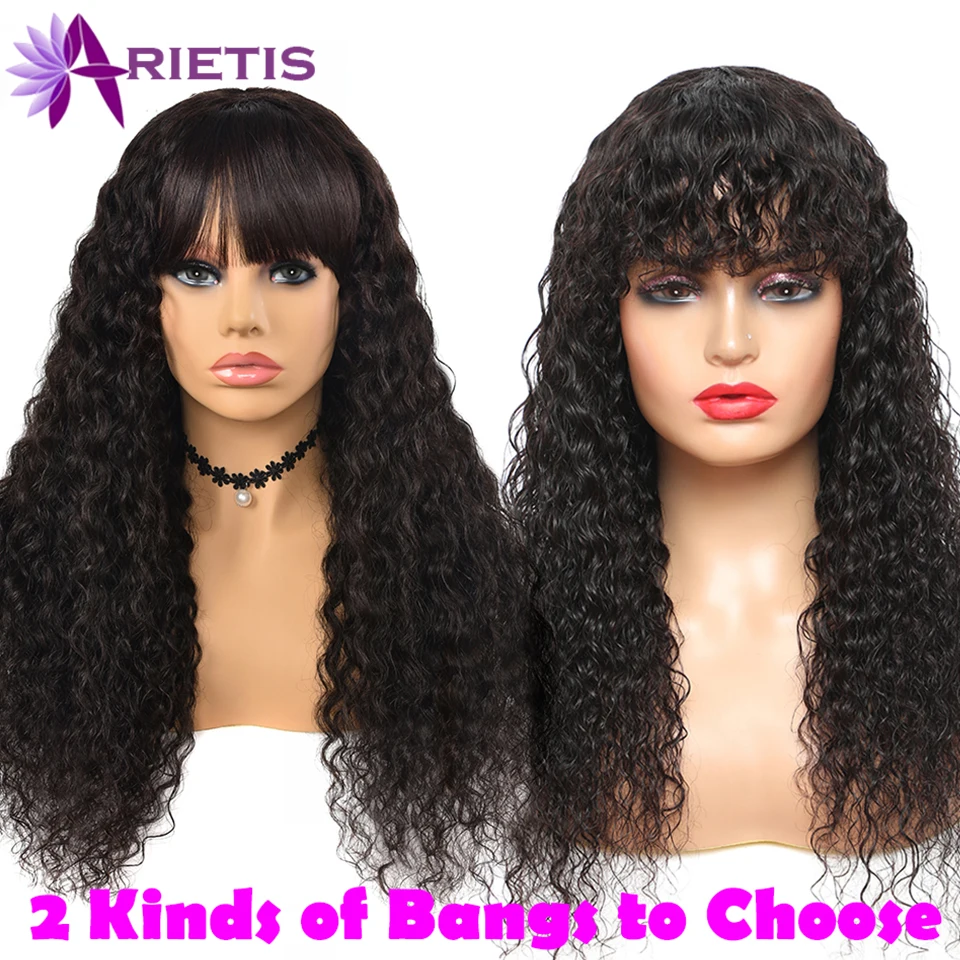 Jerry Curly Human Hair Wigs Full Indian Remy Machine Wig With Bangs 8&quot-24&quotInches Natural Black For Women | Шиньоны и парики