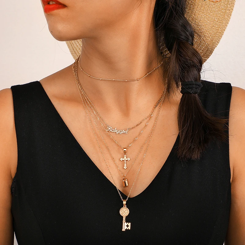 Ожерелье docona в богемном стиле с золотыми буквами крестом и замком многослойное