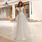 Женское ТРАПЕЦИЕВИДНОЕ свадебное платье, элегантное пляжное платье с короткими рукавами-крылышками и фатиновой аппликацией, платье невесты принцессы, 2022