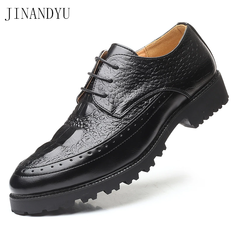 

Crocodile Print Black Formal Thick Sole Shoes for Men Classic Lace Up Brogue Shoes Man Leather Wedding Dresses Men Office Shoe