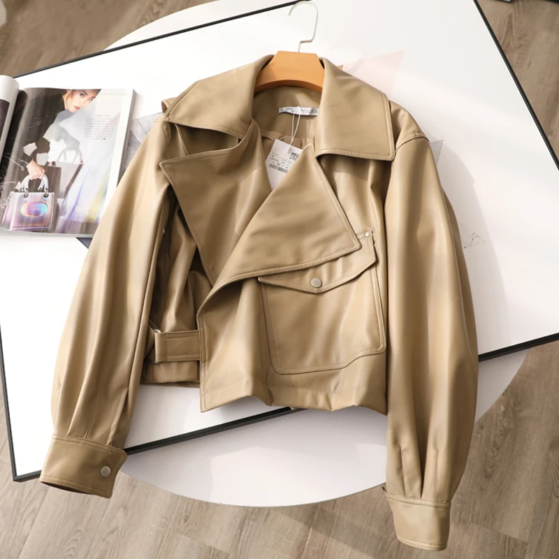 

Куртка FTLZZ из искусственной кожи женская, однотонная короткая мотокуртка с отложным воротником, свободная уличная одежда из искусственной ...