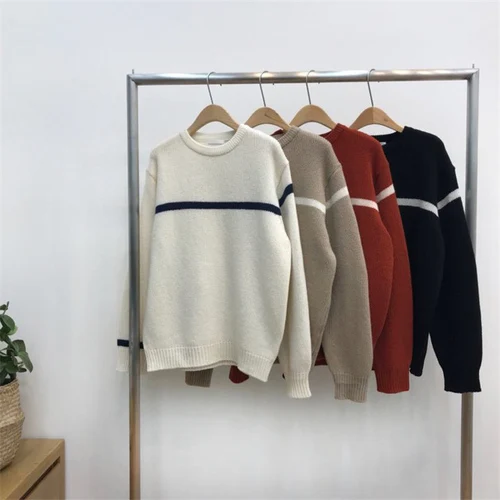 Простой повседневный Свободный вязаный Однотонный свитер в полоску для колледжа