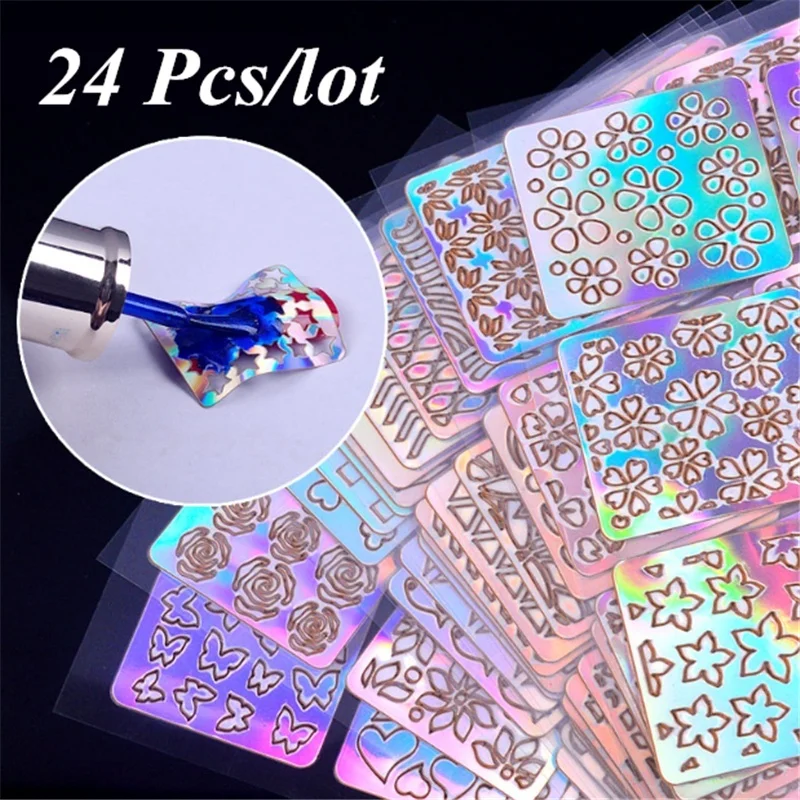 

24 Sheets/Lot Laser Nail Vinyls Laser Irregular Grid Stencil Polish Transfer Manicure Tools Nail Art Stickers Stamping Template