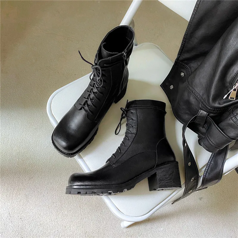 

MoonMeek 2020 Genuine leather boots thick high heels square toe ladies shoes autumn winter solid color ankle boots