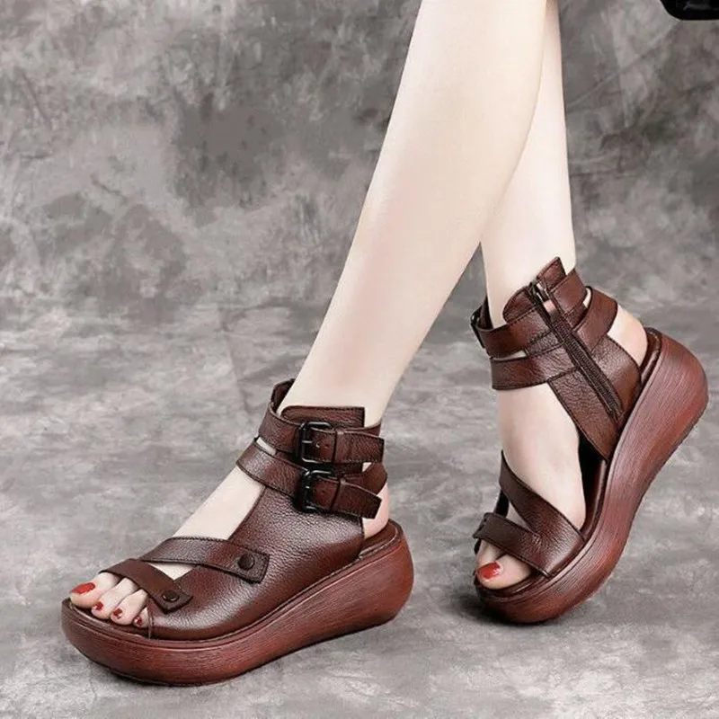 

Women Summer Sandals Mid Heels Wedges Shoes Ladies Vintage Leather Plus Size Sandalias Mujer Sapato Feminino 2021 Fashion Shoes