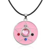 diy anime necklace round pink pentagram color rhinestone pendants for women girl leather rope necklaces choker jewelry gift 2021