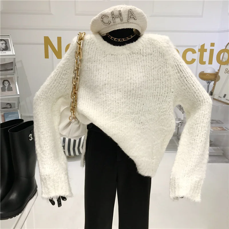

Round Neck Knitted Sweater Women 2021 Autumn and Winter New Casual Short Loose Solid Color Long-sleeve Pullover Top All-match