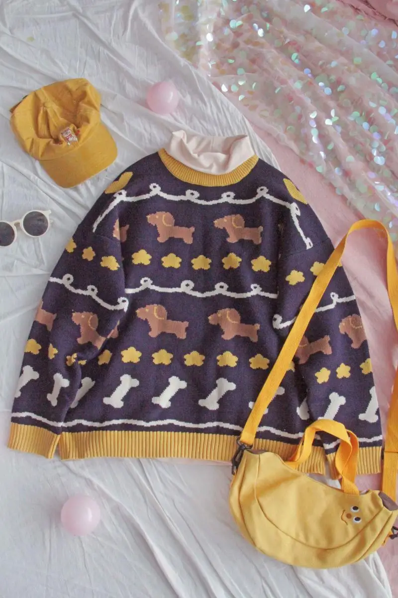 

Japanese Preppy Jumper Girls Autumn Winter Soft Sister Cute Dog Pattern Thicken O-Neck Long Sleeve Pullover Sweater Women Tops