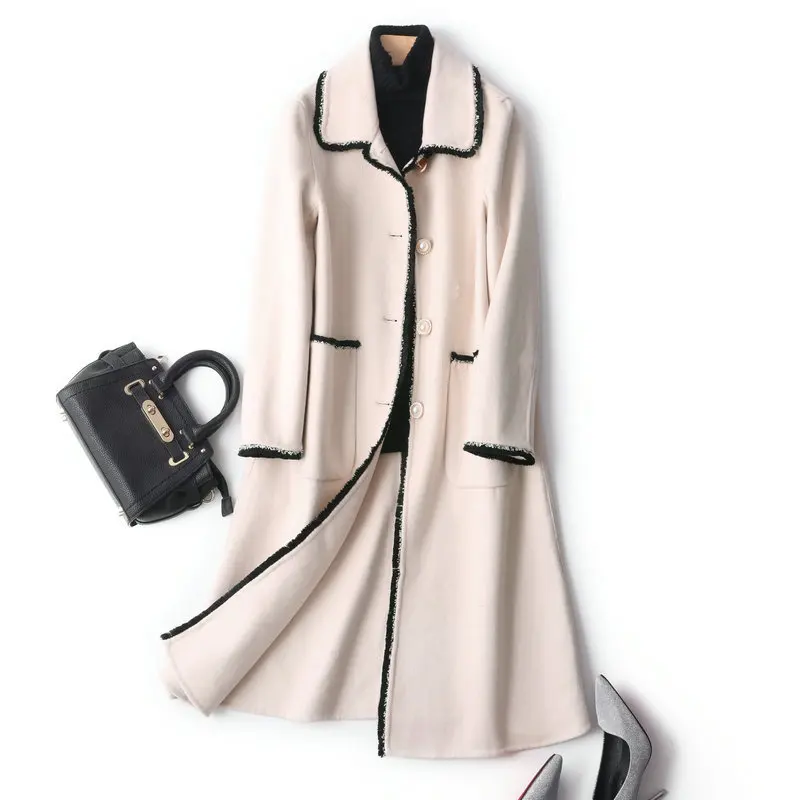 

New double sided cashmere coat women's straight tube Lapel Korean high end long woolen coat