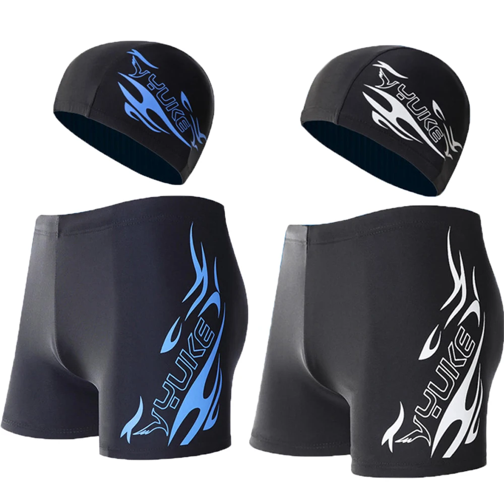 

2pc Plus Size Mans Swimming Trunks&caps Stretch Quick Dry Pool Lake Sea Vacation Men Swimming Training Swimsuit Swimwear Black