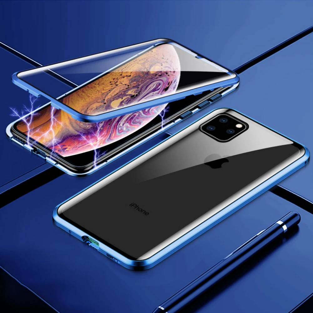 Blue color Магнитное закаленное стекло чехол для samsung S10 5G поддержка беспроводной зарядки Capa для iPhone 11 Pro Max двусторонний чехол - Цвет: Blue color
