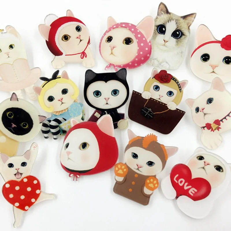 

100 Pieces/Lot Cartoon Animal Brooches Jewelry For Clothing Scarf Acrylic Love Cat Badges Kitten Accessory Pins Label Corsages