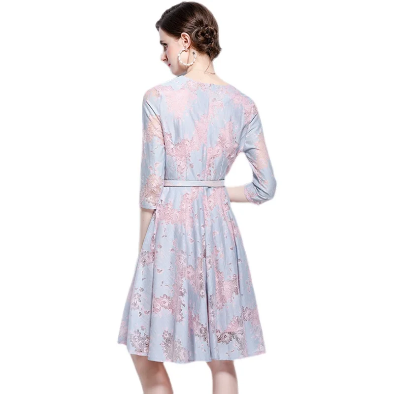 

Simgent Skater Dress Womens Three Quarter Sleeve Belted A Line Elegant Lace Dresses Woman Clothing Vestidos Robe Femme SG1694