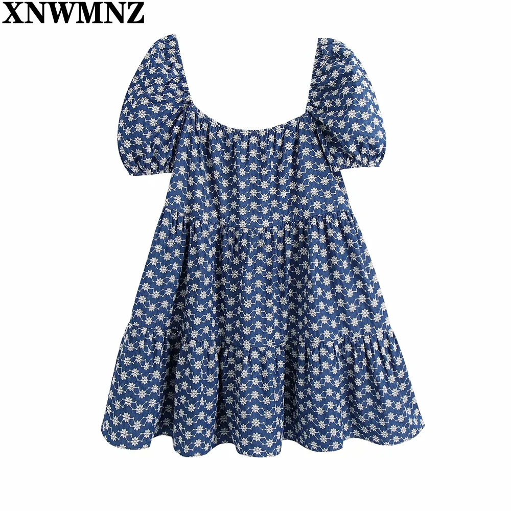 

XNWMNZ 2021 Women Vintage Square Collar Puff Sleeve Hollow Out Embroidery Mini Dress Female Pleats Casual Vestido Dresses Muje