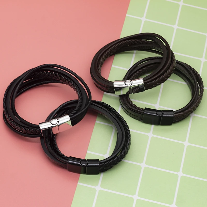 Мужские Многослойные ювелирные изделия винтажный кожаный браслет с магнитной