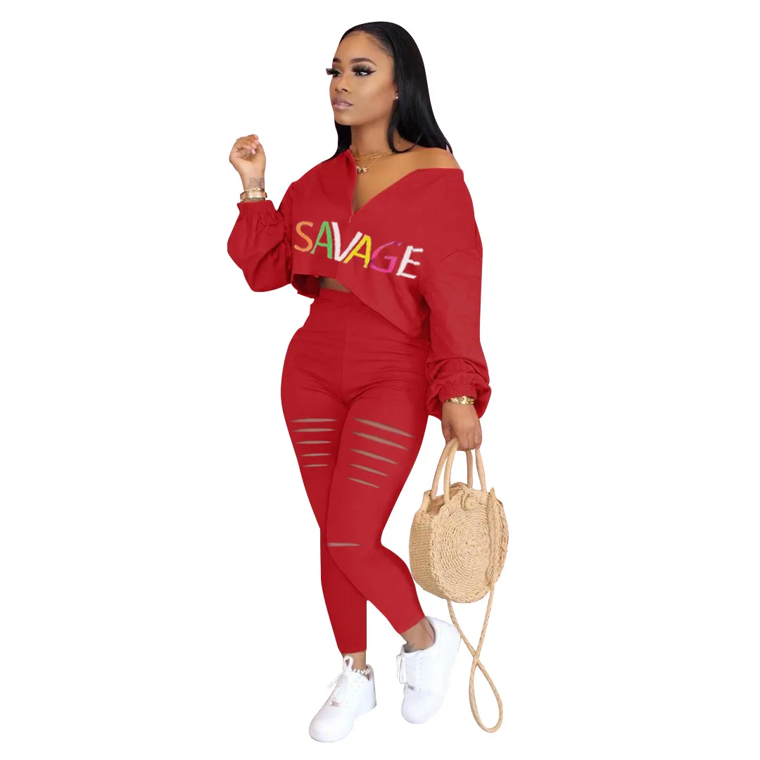 

Tracksuits Women 2 Two Piece Set Long Sleeve Letters Print Crop Top + Leggings Pants Casual Holes Joggers Pants Matching Suits