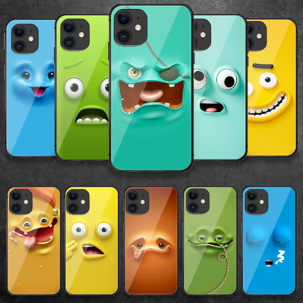 

Funny Cute Face Cartoon Tempered Glass Phone Case Cover For IPhone 5 5S 6 6S 7 Plus X Xs Xr Se 2020 11 12 Pro Max Mini Hot Black