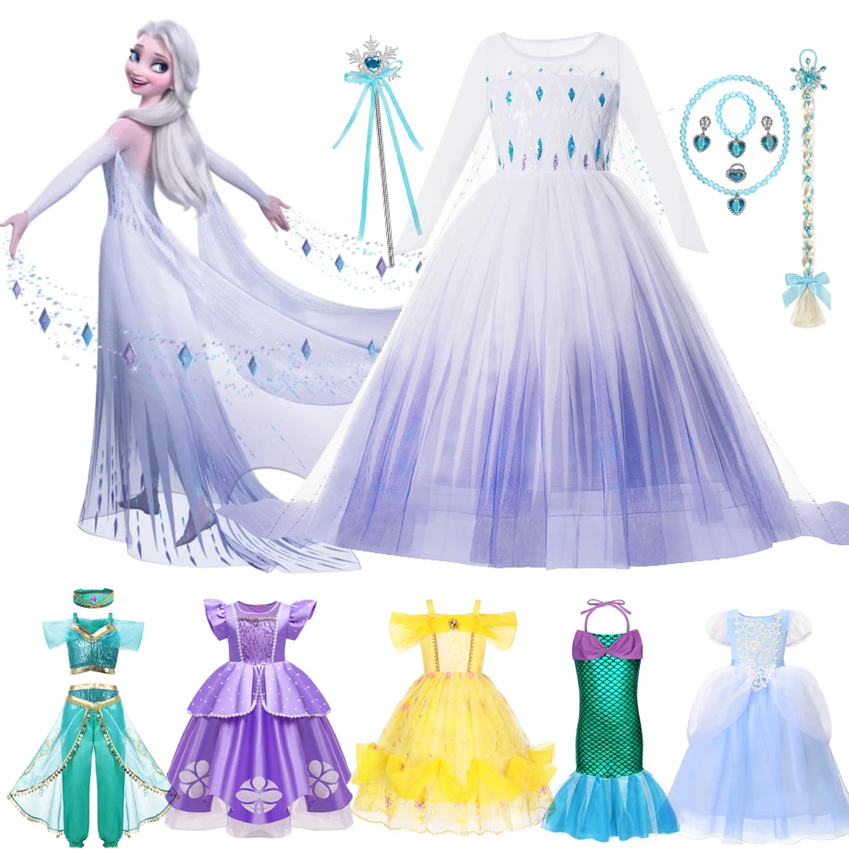 

Frozen Elsa Princess Dress Girl Kids Rapunzel Sofia Cinderella Cosplay Clothing Belle Anna Mermaid Ariel Jasmine Aurora Costume