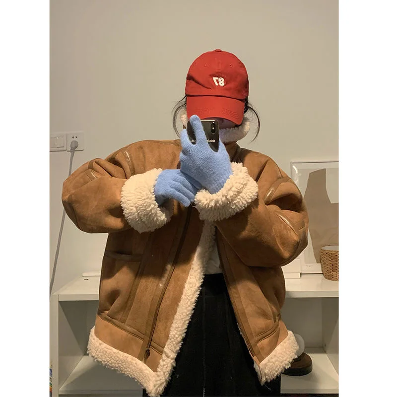 

New Autumn winter 2021 Women Thickened And Kept Warm Imitation Lamb Jacket Locomotive Thickened Warm Lamb Wool Coat