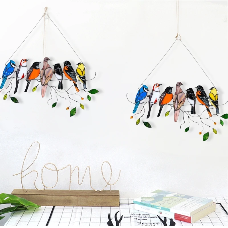 

Multicolor Stained Birds on Wire Acrylic Suncatcher Window Panel Hanging Pendant Ornaments for Wall Home Decorations