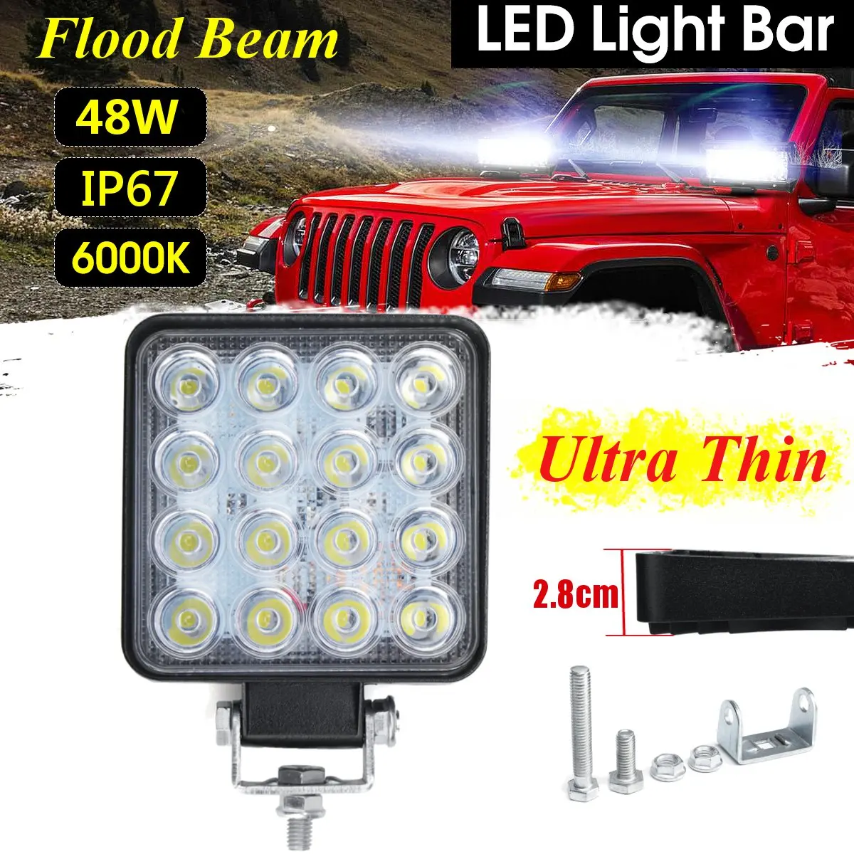 

2.8cm Thickness 48W 16 LED Work Light Bar Offroad Car Truck ATV SUV 3200LM 4x4 LED Flood/Spot Beam Work Lamp bar