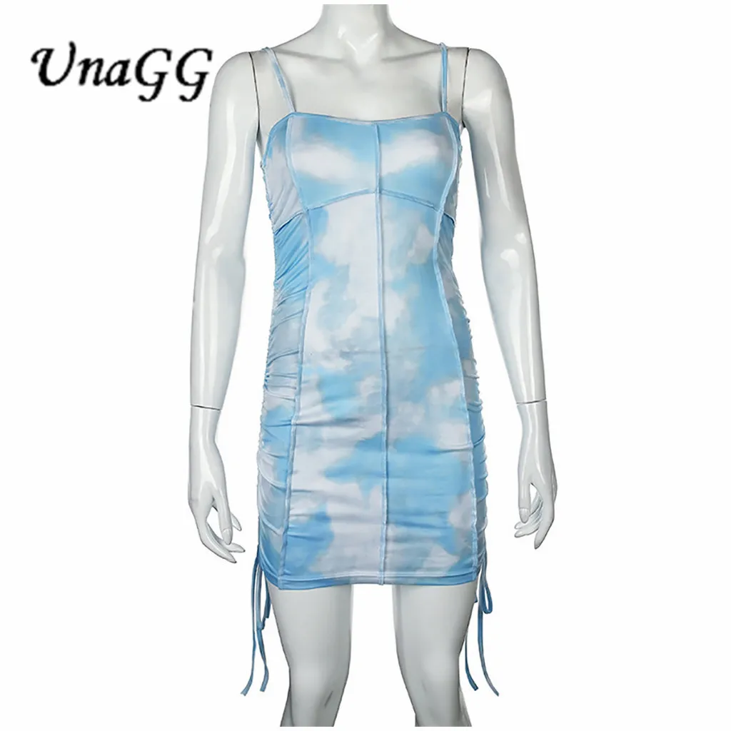 

UnaGG Fashion Strap Tie Dye Ruched Summer Dress Women Drawstring Patchwork Bodycon Club Party Dress Sundress Sexy Dresses #1211