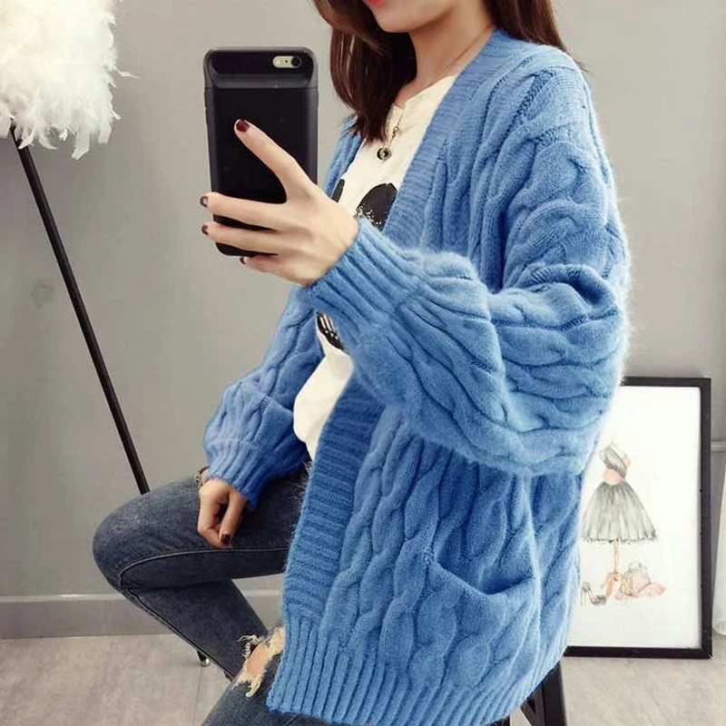 

2020 Solid Deep V-Neck Female Sweater Loose Lantern Sleeve Basic Women Cardigan with Pockets Casual Outwear Sweater for Ladies