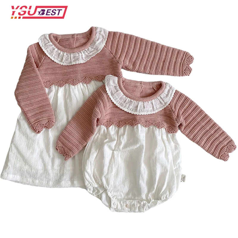 

Sweaters Sisters Clothes 2021 Pastoral Syle Kids Mathcing Knitted Clothes Knit Flowers Dress Baby Girls Knitted Rompers Party