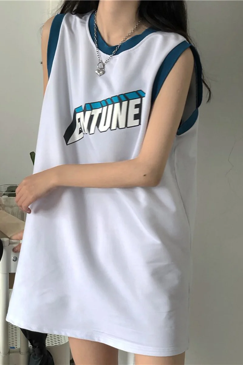 

Letter Print Long Tank Tops Women White Black T Shirt Dress Tops