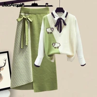 3 pieces female set womens autumn winter graceful bow shirtanimal sheep knitted vestlong skirts suit lady casual outfits 2021