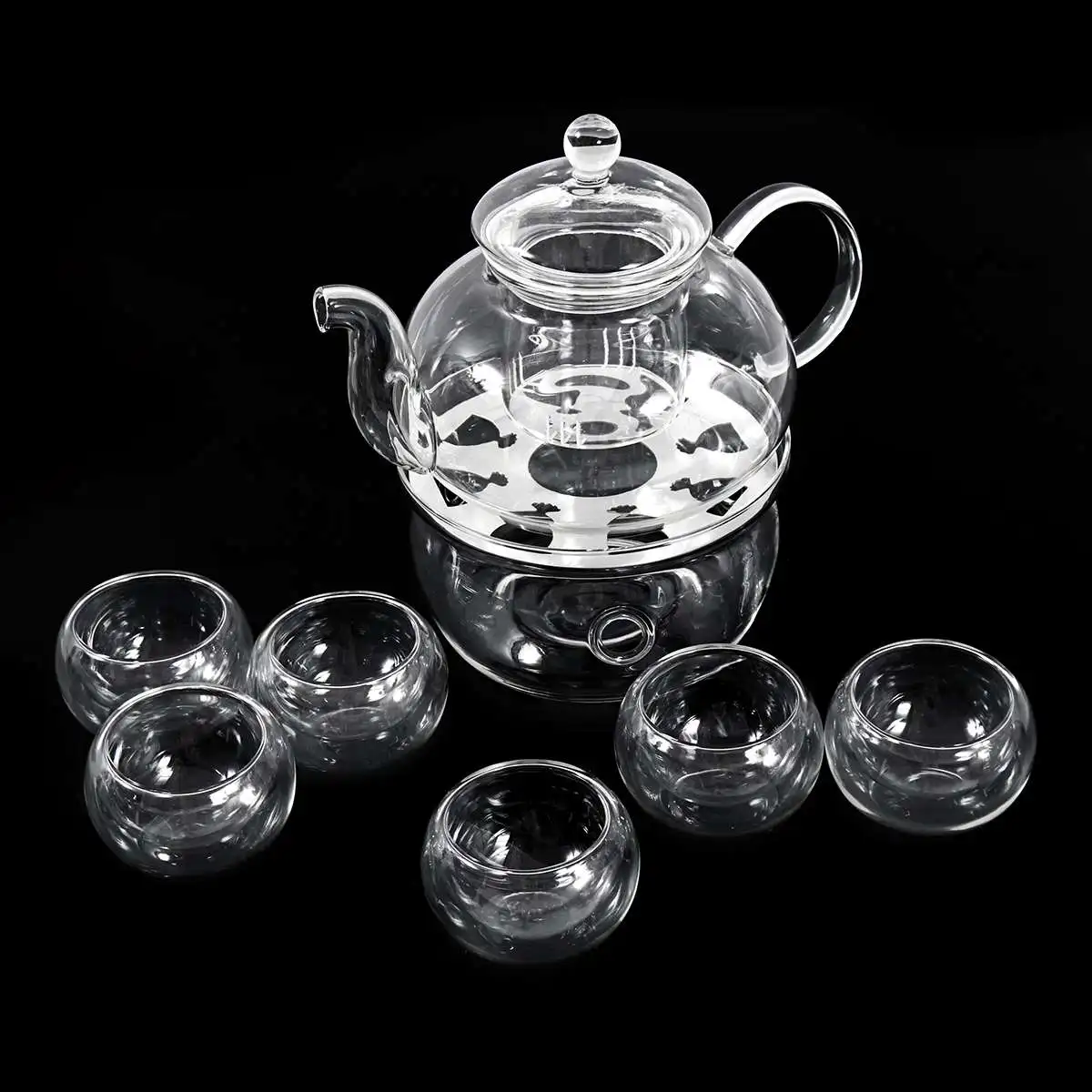 

New 8Pcs/Set Glass Stainless Steel Teapot Double Wall Teapot & Cup Filtering Drink Handmade Teapot Set Heat-Resisting Warmer