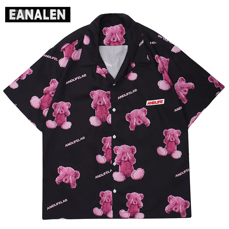 

Korean clothes pink bear shirt Harajuku vintage button vintage clothes anime oversized Hawaiian short sleeve shirt beach top