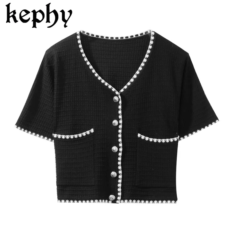 

Summer New Style V-neck white black Color Viscose Fiber Thin Short-Sleeved Knitted Cardigan Women's Outdoor Short Top