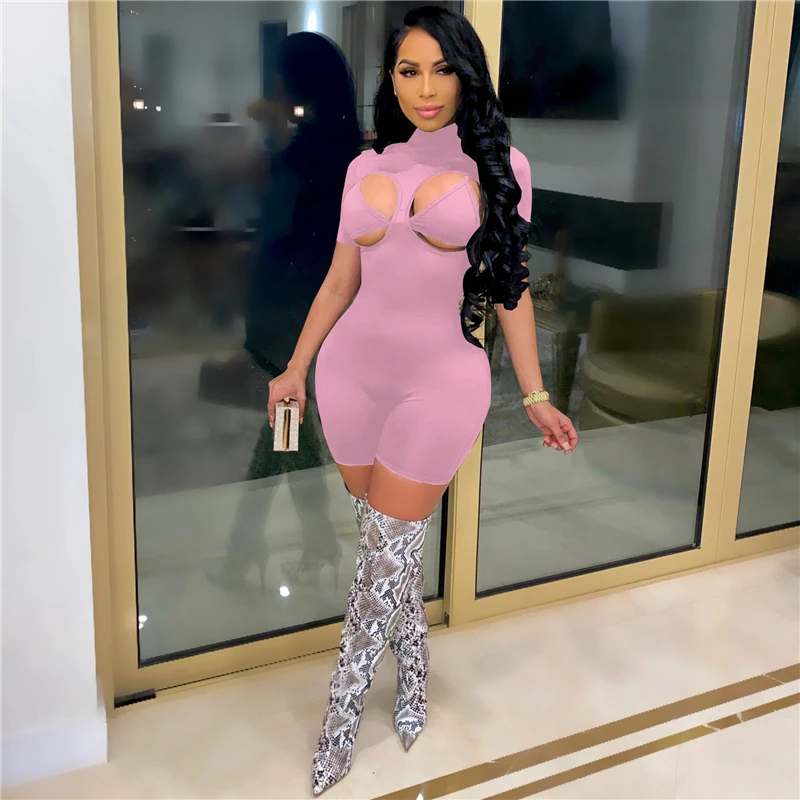 

Adogirl Women Solid Turtleneck Short Sleeve Jumpsuit with Bra Two Piece Set Casual Shorts Romper Female Night Club Playsuits