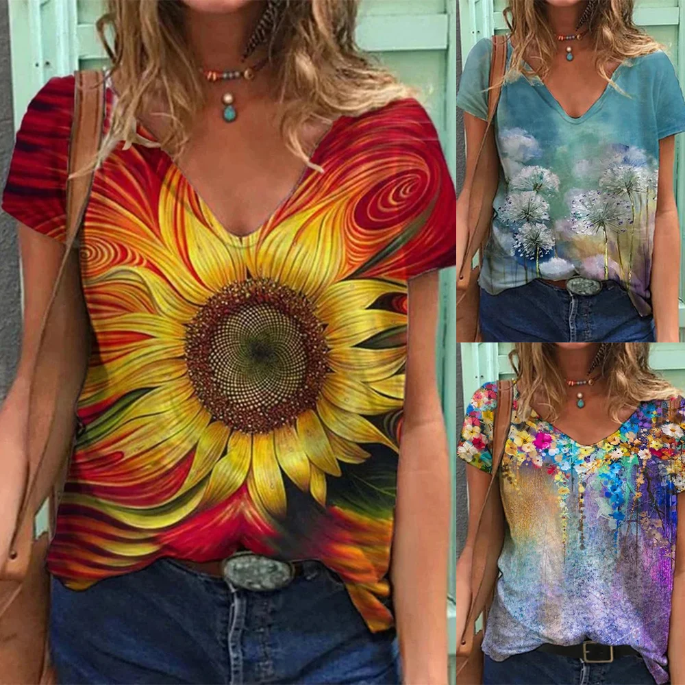 

Floral Printed Women Tops T-Shirt Summer Short Sleeve Fashion Casual Ladies Tee Shirt T-Shirt Tshirt V Neck Female Top D30