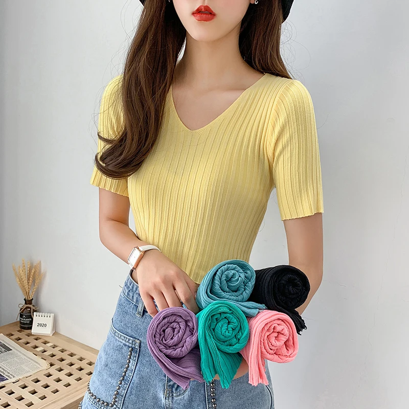 

Women T-shirts Off Shoulder Knitting Crop Tops Women Short Sleeve V-neck collarbone short cropped high waist ice silk top